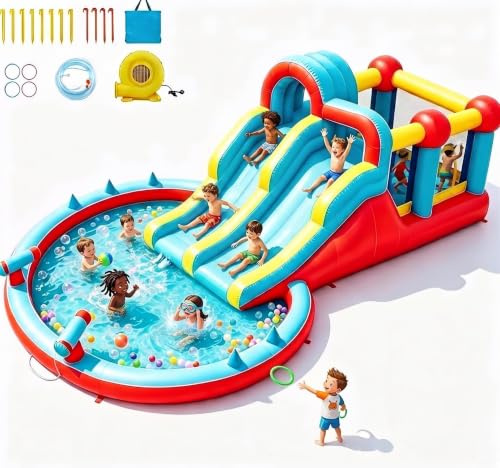 Inflatable Bouncy Castle with Slide, 8 in 1 Inflatable Water Park,711×314×220 CM Large Paddling Pool w/Dual Racing Slides, Splash Pool, Climbing Wall & Water Cannon, Outdoor Indoor Bounce House