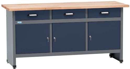 Küpper Werkbank 12153, 170x84x60 cm, 3 Schubladen, 3 Türen, 300 kg Traglast, 30 mm Massive Buchenarbeitsplatte (Dunkelblau, 170 cm)