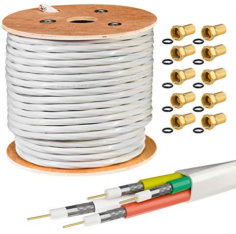HB DIGITAL 50m Quattro-Kabel Koaxial SAT 4-Fach Weiß 4-in-1 für Ultra HD 4K DVB-S/S2/C/T/T2 BK Anlagen + 30 Vergoldete F-Stecker Set Gratis (Quattro, Quad)