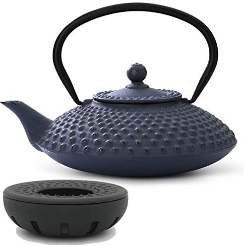 Teekanne asiatisch Gusseisen Set 1.25 Liter blau Teekessel mit Henkel & Edelstahl Tee-Filter Sieb-Einsatz & gusseisernen Stövchen