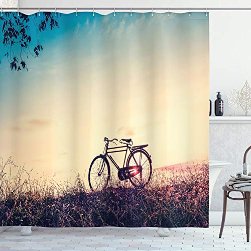 ABAKUHAUS Jahrgang Duschvorhang, Sonnenuntergang Fahrrad Pastell, Stoffliches Gewebe Badezimmerdekorationsset mit Haken, 175 x 180 cm, Blassblau Schwarz Pfirsich