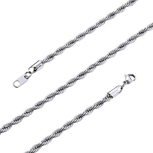 GoldChic Men's Twist Rope Rope Chain Necklace, 3mm Steel Rope Link with Gift Box 36, 46, 51, 55, 61, 66, 71, 76CM