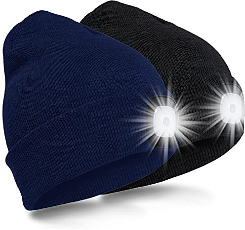 SPGOOD LED Beanie Beleuchtete Mütze mit Licht,Wiederaufladbare USB Winter Warm LED Mütze mit Licht,Lampe Laufmütze für Angeln,Jogger,Camping,Laufen(Schwarz&Marine)