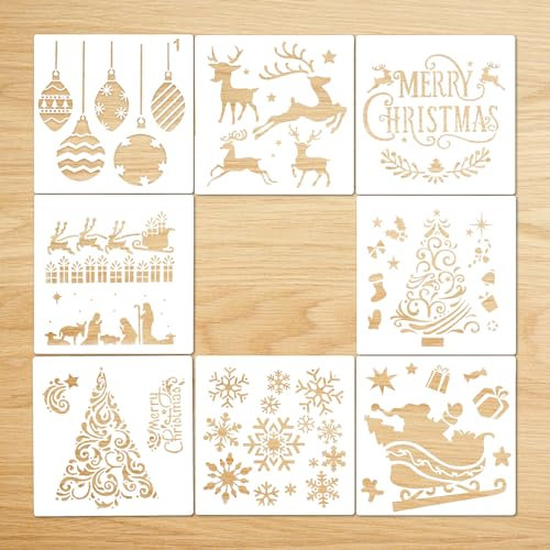AIEX 8 Stück Weihnachtsschablonen Vorlage Zum Malen von Holz, Journal Scrapbook Karten Machen, DIY Weihnachtsdekoration (12,7 x 12,7 cm)