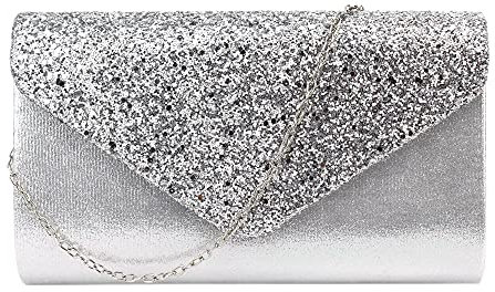 MEGAUK Damen Glitzer Clutch Unterarmtasche mit Abnehmbare Kette für Hochzeit Wedding Ball Bankett Prom Party, Silber