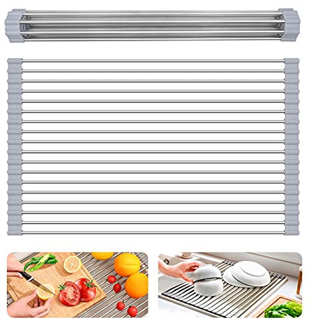 WOODFIB Roll Up Dish Drying Rack, Kitchen Over Sink Dish Drainer Sink Rack, Foldable Multi-Use Dish Drainers with Non-Slip Silicone and 304 Stainless Steel Pipe (43cm x 35cm,Grey)