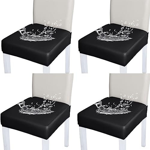 Bestenrose Stuhlhussen 4er/6er Set Stretch Stuhlbezug Sitzfläche PU Leder Wasserdichter Bezug Sitzbezüge Beschützer Stuhlhussen für Esszimmerstuhl Sitzkissen Keine Rückenlehne (Schwarz, 4er Set)