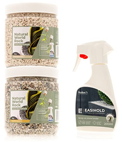 Neutral Fixed Stone Kit - Pack of 2x Natural World Rock Plant Topper Stones 2kg Tubs & 200ml Easihold Stone Fixing Spray | 4kg | 5mm Diameter Stones | Home & Garden Plant Pots and Decorations