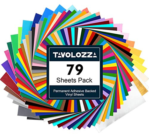 TAVOLOZZA Permanent Adhesive Vinyl Sheets - 12”x 12” - 79 Sheets Assorted Colors (Matte and Glossy) Includes Squeegee Works with Cutting Machines Such as Cricut