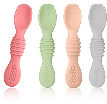 Lot de 4 Cuillère en Silicone pour Bébé, Sans BPA Cuillère pour Bébé Premier Âge Baby Spoon Silicone pour Bébé de 6 à 12 Mois(Couleur Claire)
