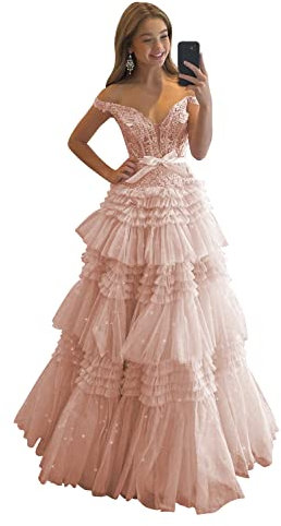 Clothfun Robe de bal longue en tulle pailleté pour femme - Épaules dénudées - Robe de soirée formelle, rose poudré, 32