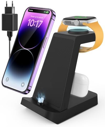 Caricatore iphone 3 in 1 per Apple: Stazione Ricarica per iPhone 14/12/13/11/Pro/Max/XS/XR/X/Mini, Earphones 3/2/1/Pro, Ricarica Wireless per Watch 8/7/6/5/4/3/2/SE (Nero)