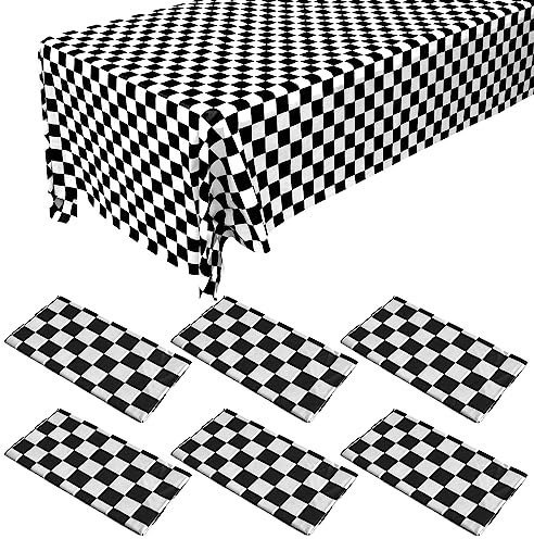 6 Pack 108 X 54 Bl aacknd White Checkered Rectangular Table Cloth Disposable Plastic Tablecloth, Waterproof Checkerboard Table Covers for Party,Birthday,Picnic,Baby Shower,Valentine's Day Decoration