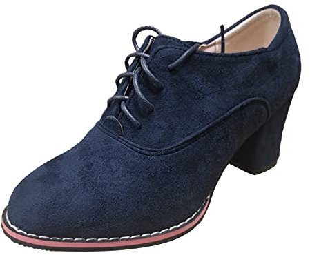 BILIKEYU Mode Frauen Flock Einfarbig Dicke Sohle Quadratische Absätze Schnürschuhe Kurze Stiefeletten Runde Zehe Schuhe Damen Blau (Blue, 39)
