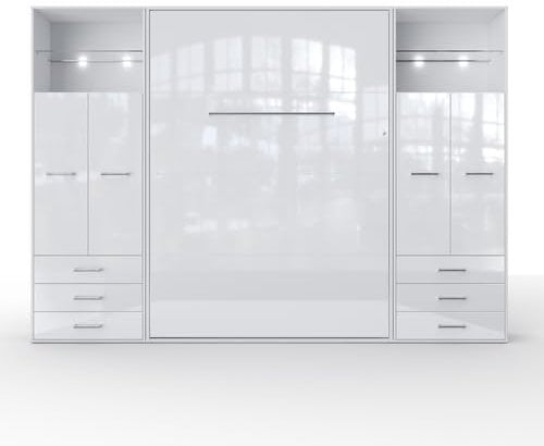 MAXIMAHOUSE Schrankbett vertikal Invento LED 140V mit 2 Regalen, Lattenrost aus Holz, Wandklappbett 140x200 modern Concept und Design, stabil,praktisch,platzsparend
