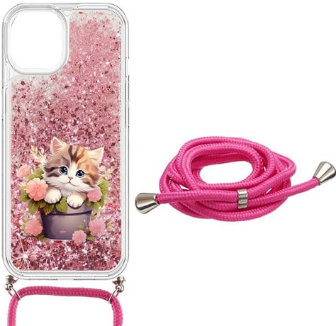 SEHEYA Coque pour iPhone XR avec Cordon Paillettes Liquide Transparente Antichoc TPU Housse Brillante Sables Mouvants Étui Téléphone à Lanière Tour de Cou, Chat