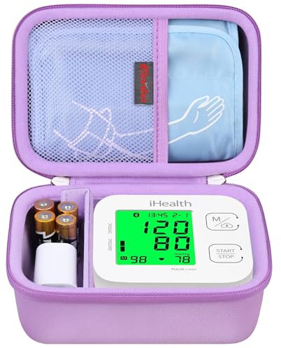 Elonbo Ihealth Track Caja portátil inteligente de Monitor de presión arterial de brazo superior, estante de almacenamiento de bolsa de Monitor de presión arterial Bluetooth inalámbrico, Morado