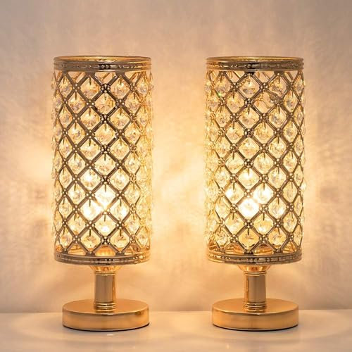 LIANTRAL Nachttischlampen 2er-Set, Kristall Tischlampe mit transparentem Kristallperlen Lampenschirm und Metallsockel, Modern Schreibtischlampe für Schlafzimmer, Wohnzimmer, Schlafsaal, Golden
