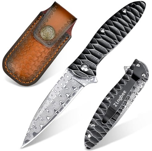 Zingbee Damast Taschenmesser Klappmesser mit Gürtelclip, Damaststahl Klinge, Liner Lock, Edelstahl Griff, Geschenkbox - EDC Einhandmesser für Wandern Camping Jagd Sammeln