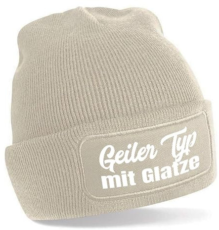 Herzbotschaft Beanie Strickmütze mit Spruch | Geiler Typ mit Glatze | Creme | Unisex SoftTouch angenehm weiche und warme Wintermütze | OneSize Einheitsgröße für Erwachsene