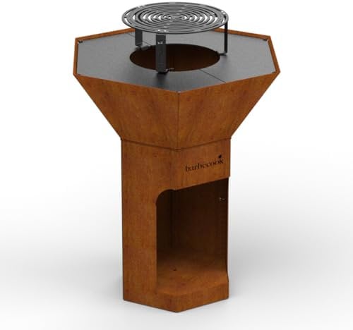 Barbecook Barbacoa de leña Nestor Original brasero de exterior con plancha y parrilla elevada de acero corten, 92x92x120cm