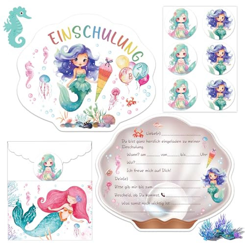 12× Einladung Einschulung Mädchen, Einschulung Einladungskarten Meerjungfrau mit Umschläge, Einladungskarten zur Einschulung, Einladung Schulanfang, für Schulkind Mädchen Junge