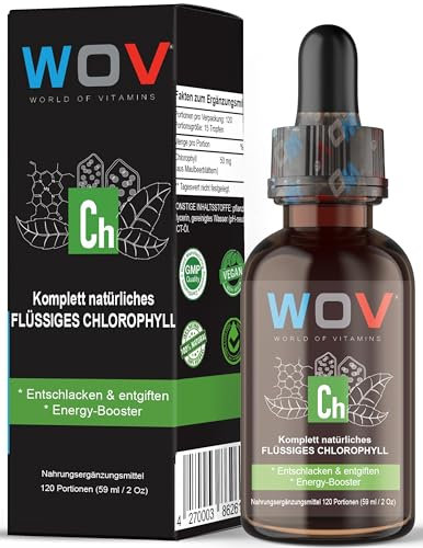 WOV Chlorophyll Tropfen Hochdosiert 60ml – Aus reinem Maulbeerblättern, Hochdosiert mit 5mg Chlorophyllin pro Tropfen (15 täglich), Gereinigtes pH-neutrales Wasser, Lab Geprüft, Ohne Zusätze