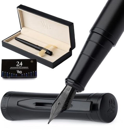 Wordsworth & Black Fountain Pen Set, Extra Fine Nib, Includes 24 Pack Ink Cartridges, Ink Refill Converter & Gift Box, Calligraphy, [All Black], Perfect for Men & Women