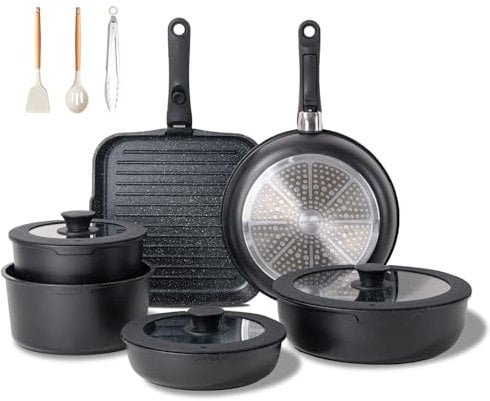 JEETEE Batterie de Cuisine Antiadhésive 25 Pcs, Sets de Poêles et Casseroles avec Poignée Amovible, Ensemble de Cuisine pour Camping-car, Empilable, Passe au Four, Sans PFAS/PFOA, Noir