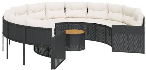 vidaXL Gartensofa mit Tisch und Kissen Rund Schwarz Poly-Rattan