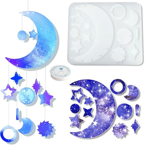 KAKOLOPT Moon Star Wind Chime Silicone Moulds Dream Catcher Resin Mold Kit | Moon Star Epoxy Resin Molds Craft Casting Kit for DIY Wind-Bell Decorations Eid Ramadan Homemade Garden Decor
