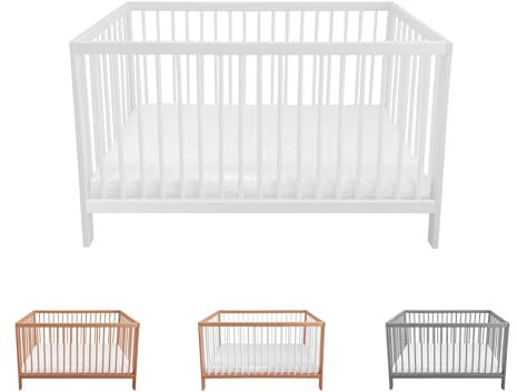 Lantigo Babybett 120x60 cm Weiß Gitterbett Buchenholz Massivholz Kinderbett mit Lattenrost höhenverstellbar 9 Stufen für Neugeborene und Kleinkinder inklusive Matratze
