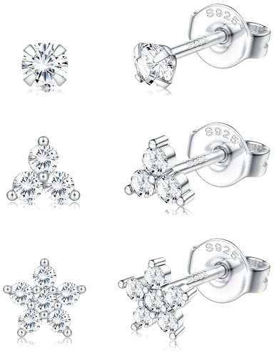Sllaiss 925 Silber Ohrstecker Set Mit Zirkonia - 3 Paar Kleine Blumen Ohrringe für Mehrere Ohrlöcher - Tragus Schmuck für Damen