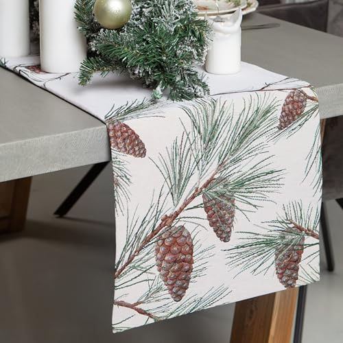 Gobelin Weihnachtstischdecke | Weihnachtliche Tischwäsche | Tischläufer | Tischdecke für Weihnachten und Neujahr (Kiefernzapfen (Glitzerlos), Tischläufer 40x100 cm)