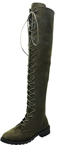 Stivali da donna Tacco con lacci - Stivali sopra il ginocchio Tacco piatto Stivali alti al ginocchio Stivali lunghi in pelle scamosciata Stivali alti in tinta unita Eleganti Stivali da equitazione,