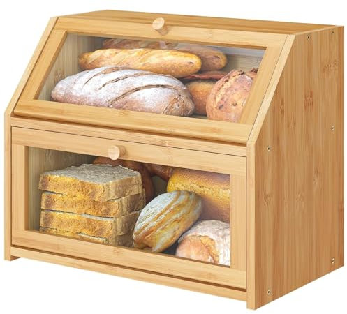 Comius Sharp Grande Scatola del Pane a Doppio Strato per il Bancone Della Cucina, Contenitore di Legno di Grande Capacità per la Conservazione del Pane con Pannello Della Porta in Acrilico