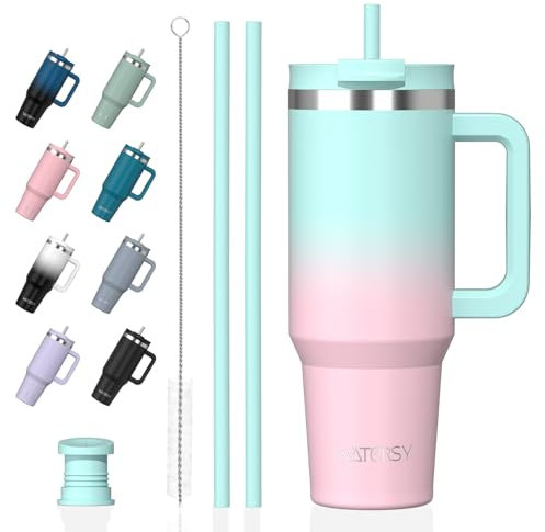 Watersy Gourde Isotherme Inoxydable 1,2 L avec 2 Pailles, Gobelet à Café anti-Fuite, Isotherme Sous vide avec Couvercle à vis sans BPA, Gourde Rafraîchissante Pendant 12 Heures, Rose Bleu