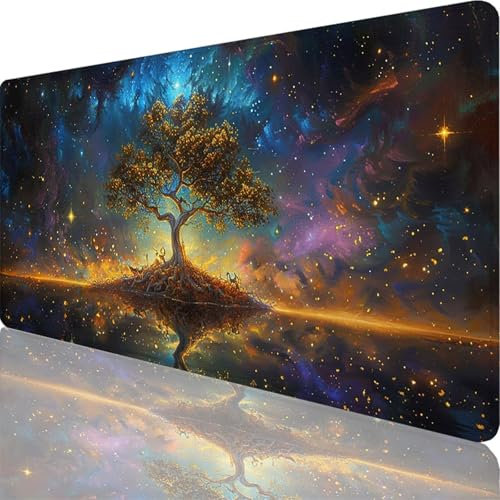 Mauspad Schwarz Mauspad XXL 1600x800x3 mm XXL Mousepad Baum Des Lebens Mousepad Gaming Zubehör mit Vernähten Kanten Design, Mouse Pad Wasserdicht und Langlebig für Maus und Tastatur, Office Deko 36-Rt