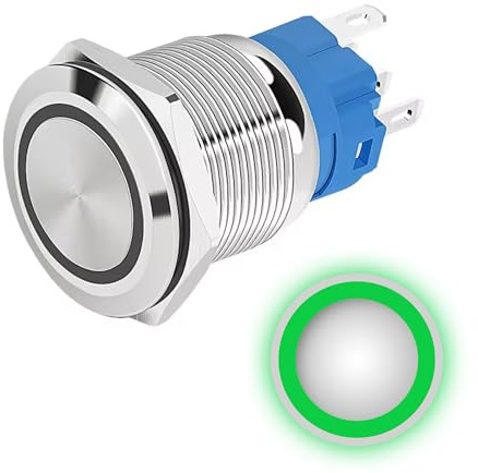 Pulsador bloqueado 12 mm 12 V-24 V DC 3 A, anillo verde, interruptor luminoso LED de metal, impermeable con sello de goma, para alimentación eléctrica, electrónica