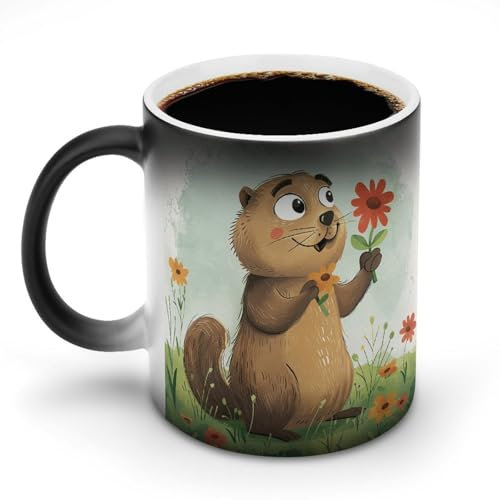 KWQDOZF Tasse à café thermochromique en forme de marmotte tenant une fleur, changement de couleur amusant et magique, idéale pour le bureau