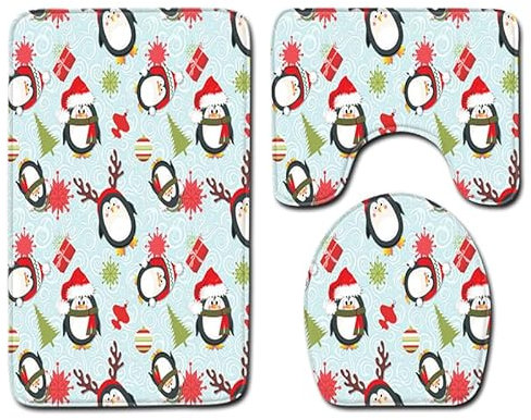 Badezimmerteppich Rote Grüne Pinguine WC Vorleger mit Ausschnitt WC Deckelbezug 3 Teiliges WC Teppich rutschfeste Badgarnitur U förmiger Badematte Waschbar Bad Teppiche Set 50x80 cm