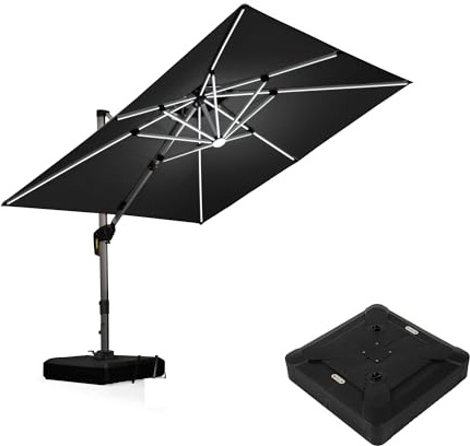 PURPLE LEAF Ampelschirm mit Ständer 270 × 270 cm LED UV-Schutz, Grau | Stabiler Alurahme Sonnenschirm, 360° Drehbar, Einfache Aluguss-Griff, Doppeldach, Verstärktes Standrohr, Sonnenschirmständer