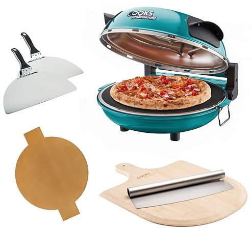 Cooks Professional Electric Pizza Oven with Bamboo Board, Cutter, 31cm Stone Base, Glass Window, Timer, Stainless Steel Paddles & Baking Sheet | Portable Countertop Pizza Maker Machine 1200W | Teal