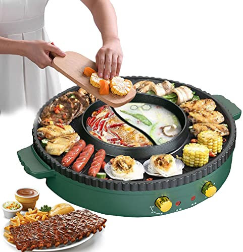 Electric Grill with Hot Pot Barbecue for 1-4 People Green Indoor 2 in 1 Portable Multifunction Electric Grill Large Capacity 1500w Korean BBQ
