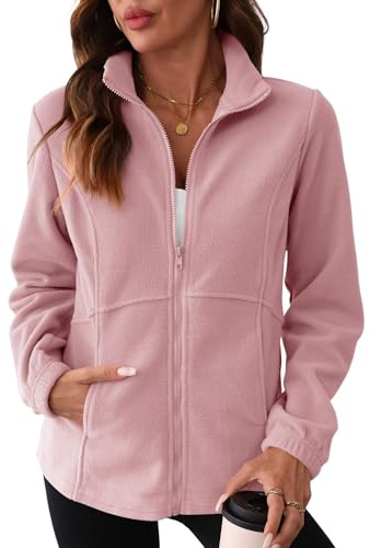 IECCP Giacca in pile da donna, leggera, sportiva, con cerniera intera, morbida al tatto, calda, per sport all'aria aperta, Rosa scuro, XL