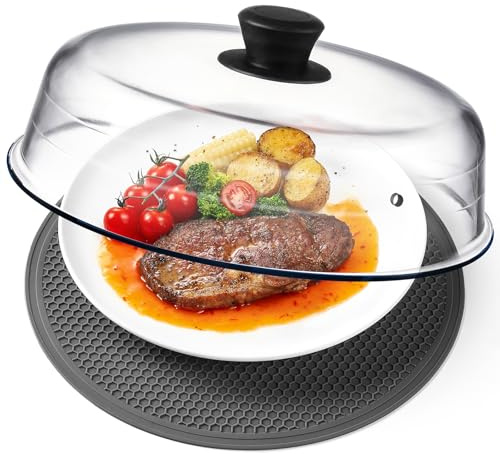 2 in 1, Glass Microwave Splatter Cover for Food & Microwave Place Mat, Plate Splatter Guard Lid with Easy Grip Silicone Handle Knob, Borosilicate Glass with Vent Hole, Food Grade, No Plastic, 10in