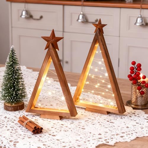 2 Stück LED Weihnachtsdeko Holz Weihnachtsbaum, Weihnachtsbaum mit Stern, Batteriebetrieben Weihnachtsbeleuchtung, Weihnachten Deko mit Licht für Tischdeko Innen
