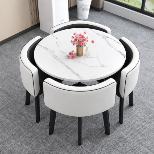 AMZSEW Kitchen Dining Table and Chairs Set for 4 -Modern Table and 4 Chairs | Save Space Modern 5 Pieces Dining Room Sets Back PU-Leder Chair,Metal Legs, for Dining Room and Apartment