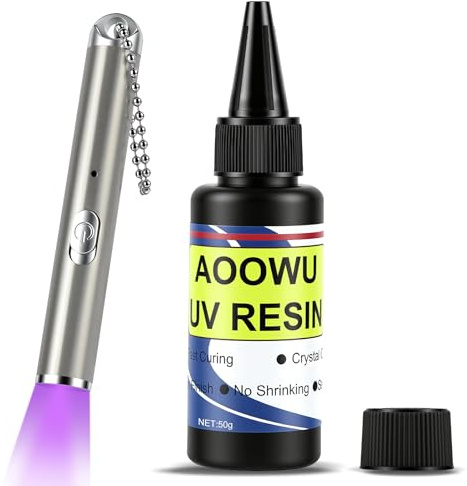 AOOWU UV Harz mit Lampe, 50g UV Kleber Epoxidharz mit wiederaufladbarer Taschenlampe, UV Resin Set mit 395nm, 5 Sekunden Schnellhärtung für Schmuck, Glas, Kunststoff & Harz, Transparenter UV