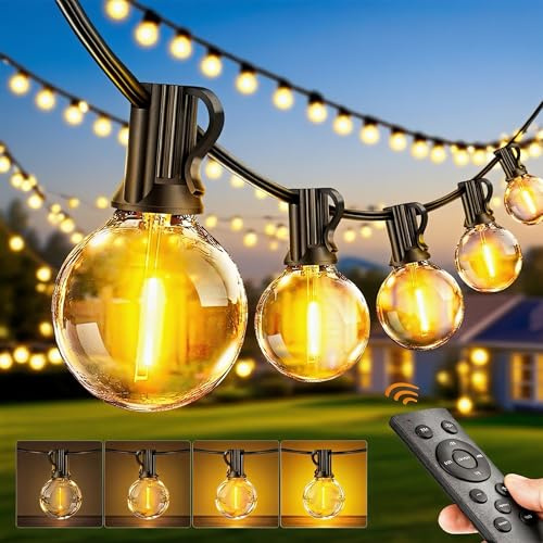 PBGMRT Dimmable Outdoor String Lights 30M/100FT G40 Mains Powered Garden Lights 36+2 LEDs, Remote 2 Timer 3 Modes Waterproof Outside Festoon Lights for Patios Fences Pergolas
